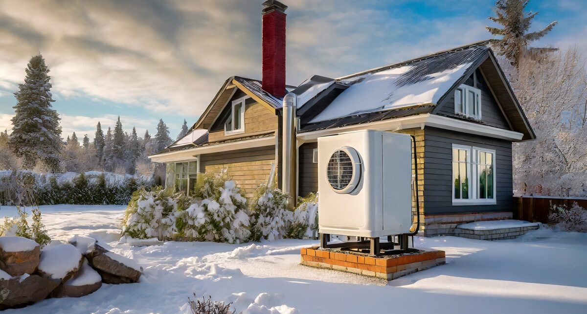 Eco-Friendly Heating: Canada's Push for Heat Pump Adoption 17 Firefly generate image of heat pump with winter outside the home 56926