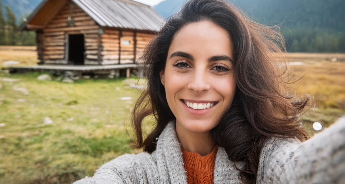 tinywow Firefly generate image of a brunette woman smiling taking a selfie 95299 56973884