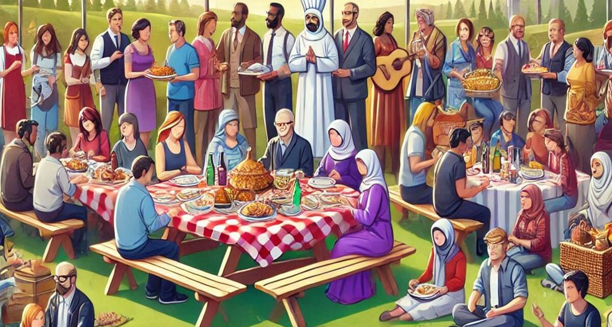 A scene depicting cooperation, unity, and collaboration among groups of diverse individuals, including the variety of cultures found in Canada, engaged in picnic activities