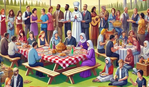 A scene depicting cooperation, unity, and collaboration among groups of diverse individuals, including the variety of cultures found in Canada, engaged in picnic activities