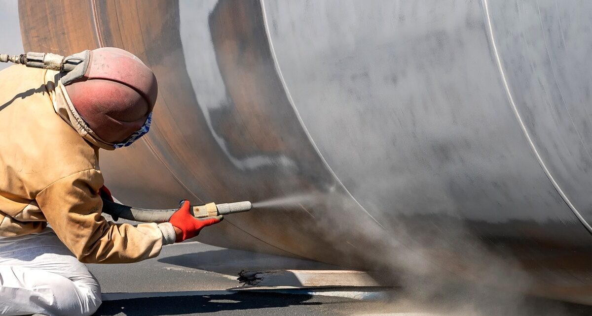 How To Pick the Perfect Sandblasting Tools 1 A worker in full protective gear uses a sandblaster to remove abrasive material from a large object.