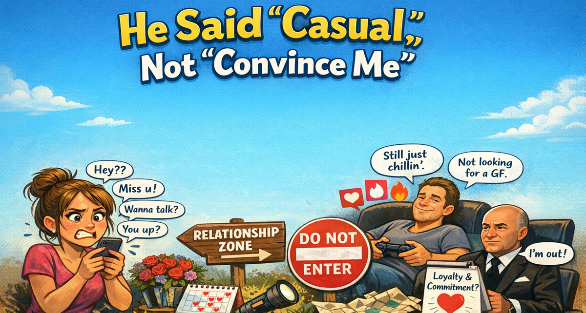 He Said “Casual,” Not “Convince Me” 1 Ladies, gather around for a quick masterclass in “what he said vs. what you heard.” If a guy tells you he’s “just casually dating,” that is not a soft launch into a relationship. That is not Step 1 of a romantic journey. That is not an invitation for you to prove you’re different from the others like it’s some kind of emotional audition. That is the final answer. There is no bonus round. Somehow, though, it gets translated into, “He just hasn’t met *me* yet.” So now you’re in his DMs like it’s your full-time job. Good morning text. Good afternoon check-in. Random meme. “Hey stranger.” “Heyyyy.” “You up?” Meanwhile, this man already told you he’s not applying for the position you’re trying to hire him for. And then—this is the best part—you get offended when he says, again, calmly, clearly, and consistently, “I’m not looking for a relationship.” Offended? For what? He literally gave you the answer key on day one. You’re the one trying to rewrite the exam. At that point, it starts to feel like you’re pitching him a relationship like it’s Shark Tank. “So what I’m offering is emotional stability, loyalty, and future holiday plans—are you in?” And he’s sitting there like, “Respectfully… I’m out.” Here’s the reality nobody wants to hear: when a man actually wants to be in a relationship, you won’t need to convince him, remind him, or gently nudge him every 48 hours. There’s no campaign strategy. No follow-ups. No “just circling back on my feelings.” It just… happens. Effortlessly. Without you needing to double-text, triple-text, or send a “???” like you’re chasing a late Amazon delivery. And let’s be honest for a second—trying to force a relationship with someone who clearly said they don’t want one is like trying to sit in a chair that isn’t there. You’re going to end up on the floor wondering what just happened, when the chair told you it didn’t exist. So if he says “casual,” believe him. Don’t try to upgrade him like he’s an app with a premium subscription you can unlock through persistence. Save that energy for someone who shows up without needing reminders. Someone who doesn’t need convincing. Someone who texts you first because they actually want to—not because you sent a “hey, just checking if you’re alive.” Because the right one won’t make you feel like you’re chasing. He’ll meet you halfway… and you won’t have to bring a flashlight, a map, and three follow-up messages to find him.