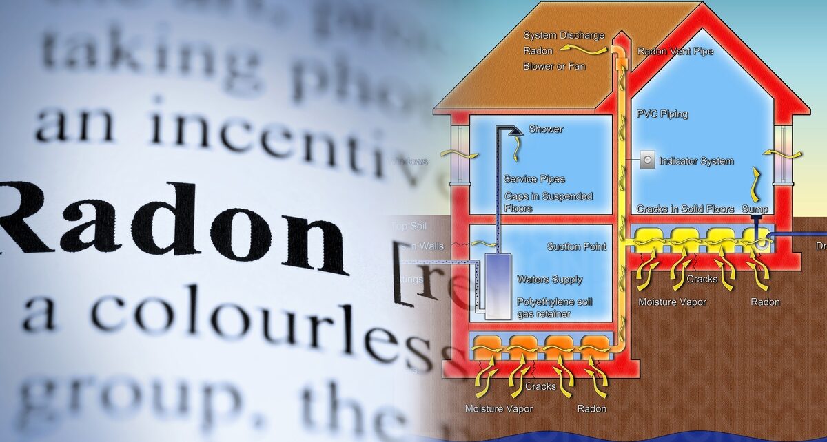 How To Know When Your Home Needs a Radon Fan 2 A close-up of the word "Radon" bolded in a paper dictionary that blurs into a colorful diagram of how radon enters a home.