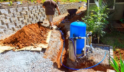 A man in a brown shirt in a resiential backyard walking away from a well pump system near a tench and mount of dirt.