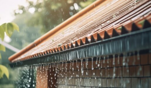 A house experiences heavy rain, and water drips off the side of the roof. The roof features a tan color.